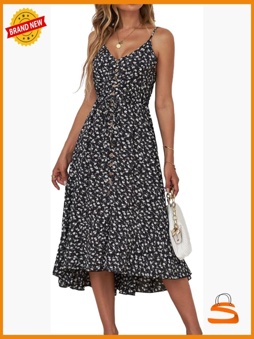 Polka Dot Spaghetti Strap V Neck Flowy Midi Dress